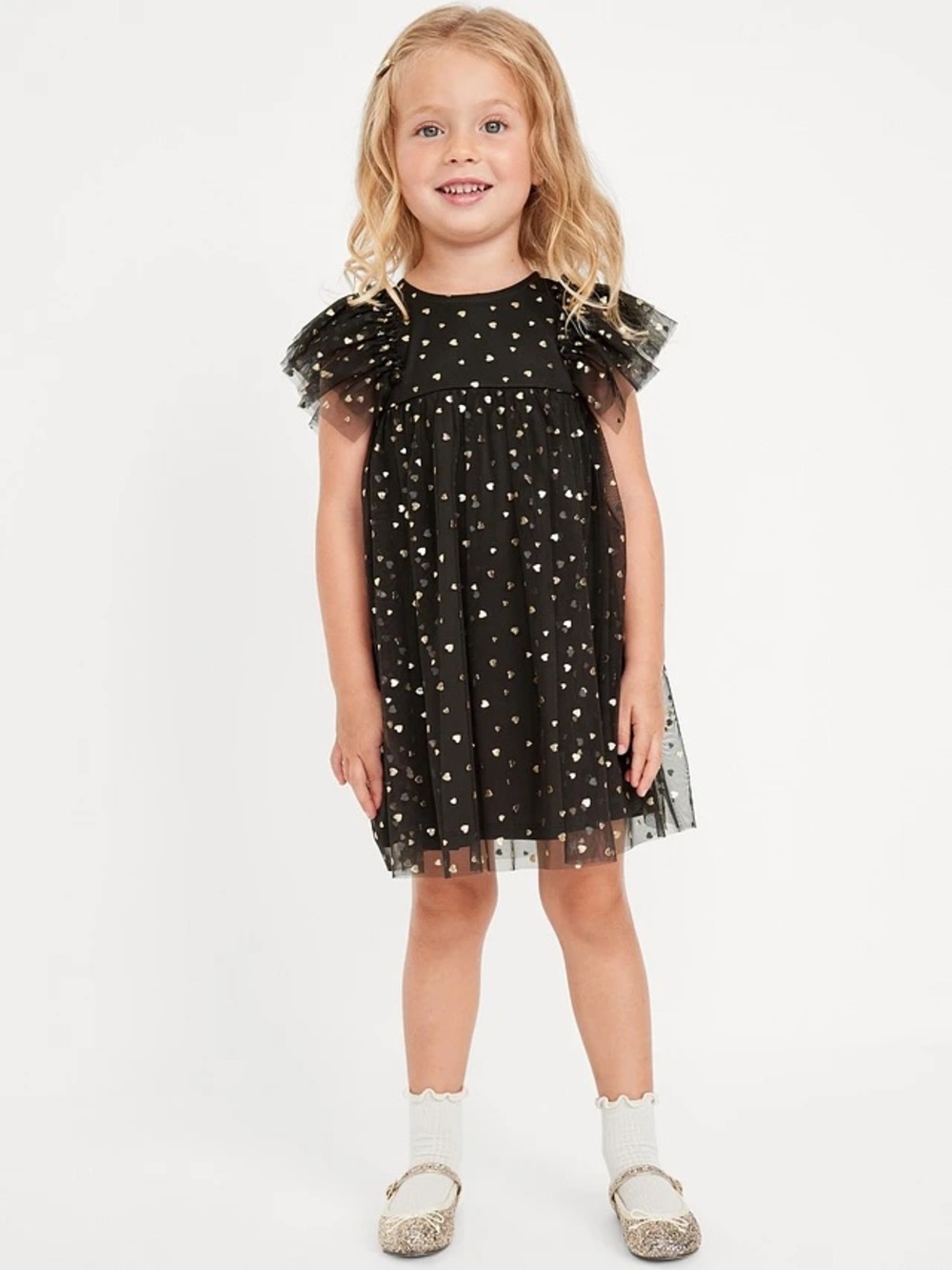 Old Navy Girls' Black Tulle Dress with Gold Heart Print 3T